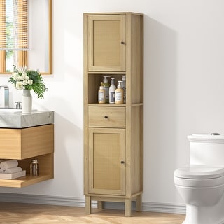 Anmytek 63" Freestanding Tall Bathroom Storage Cabinet Rattan Narrow ...